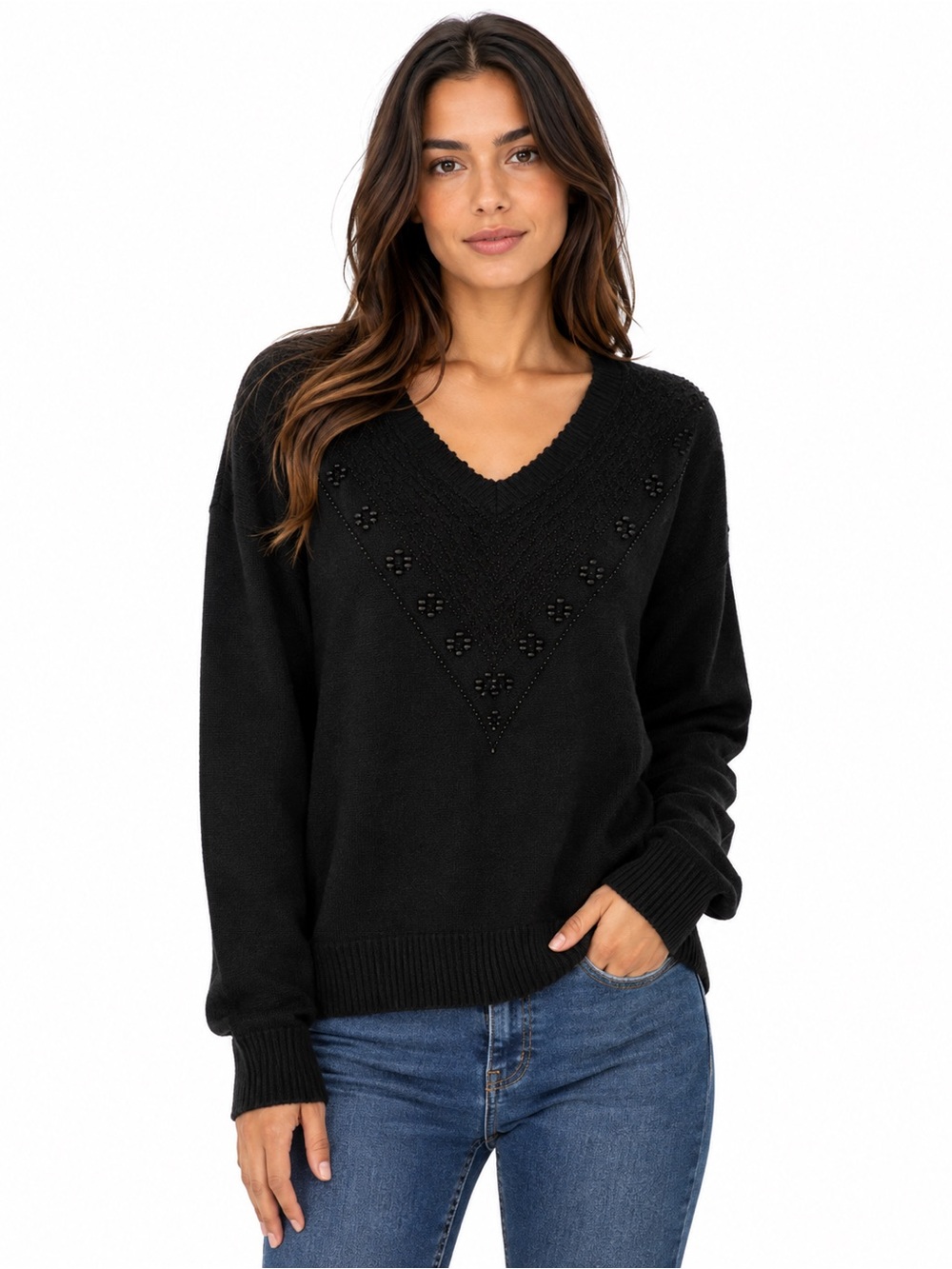Black V-Neck Embellished Sweater - Women Medium